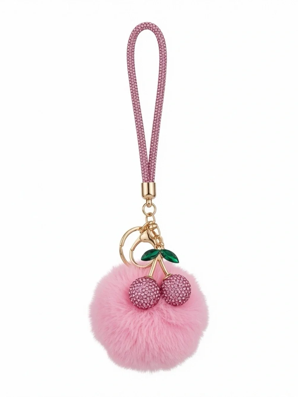 Pink Cherry Pom Pom Bag Charm Wristlet Keychain